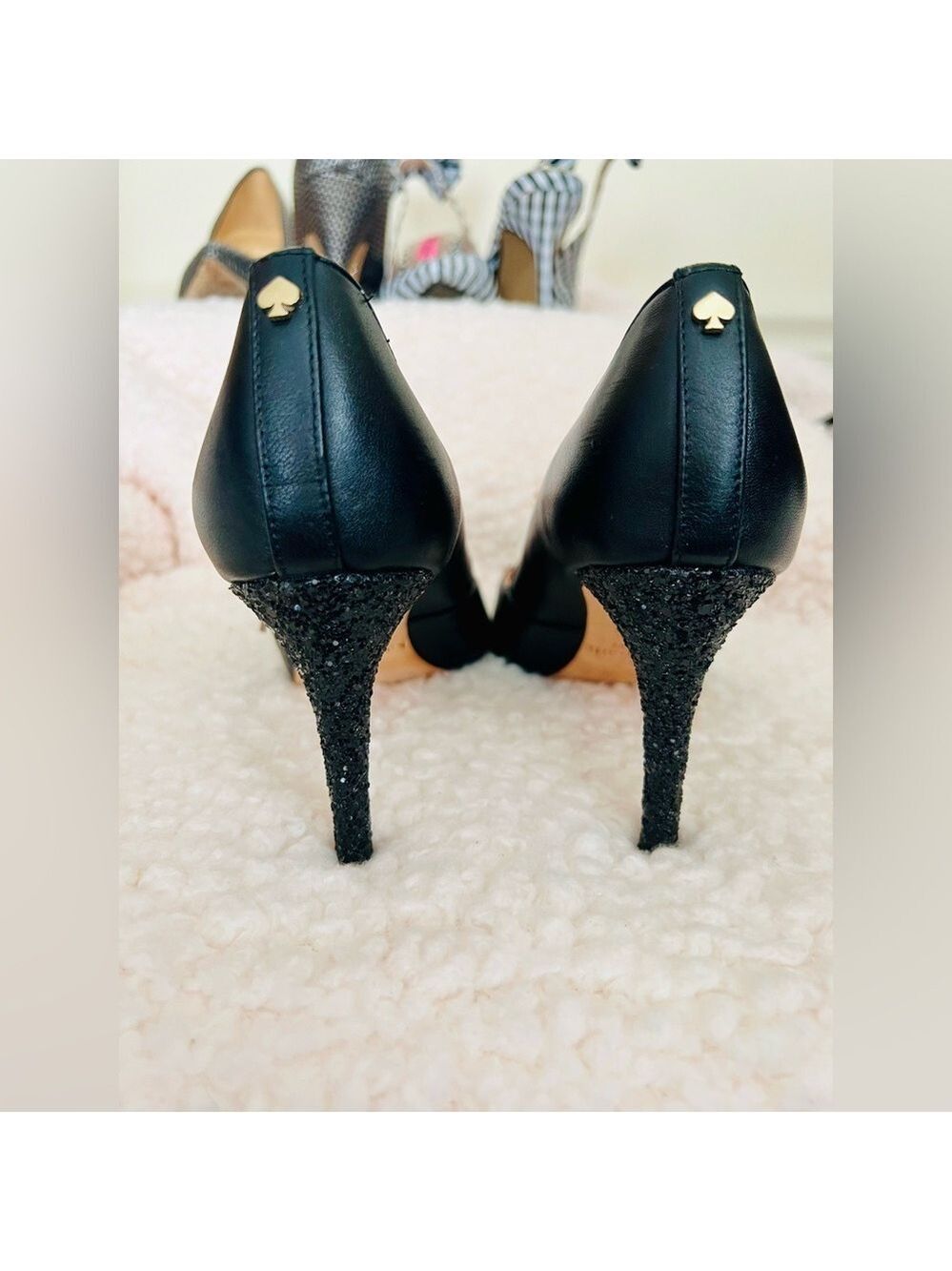 🎉HP🥳 Kate Spade Elpetha Heels in Black w/ Black Sparkle Heel & Cream Dbl Strap - Picture 7 of 16